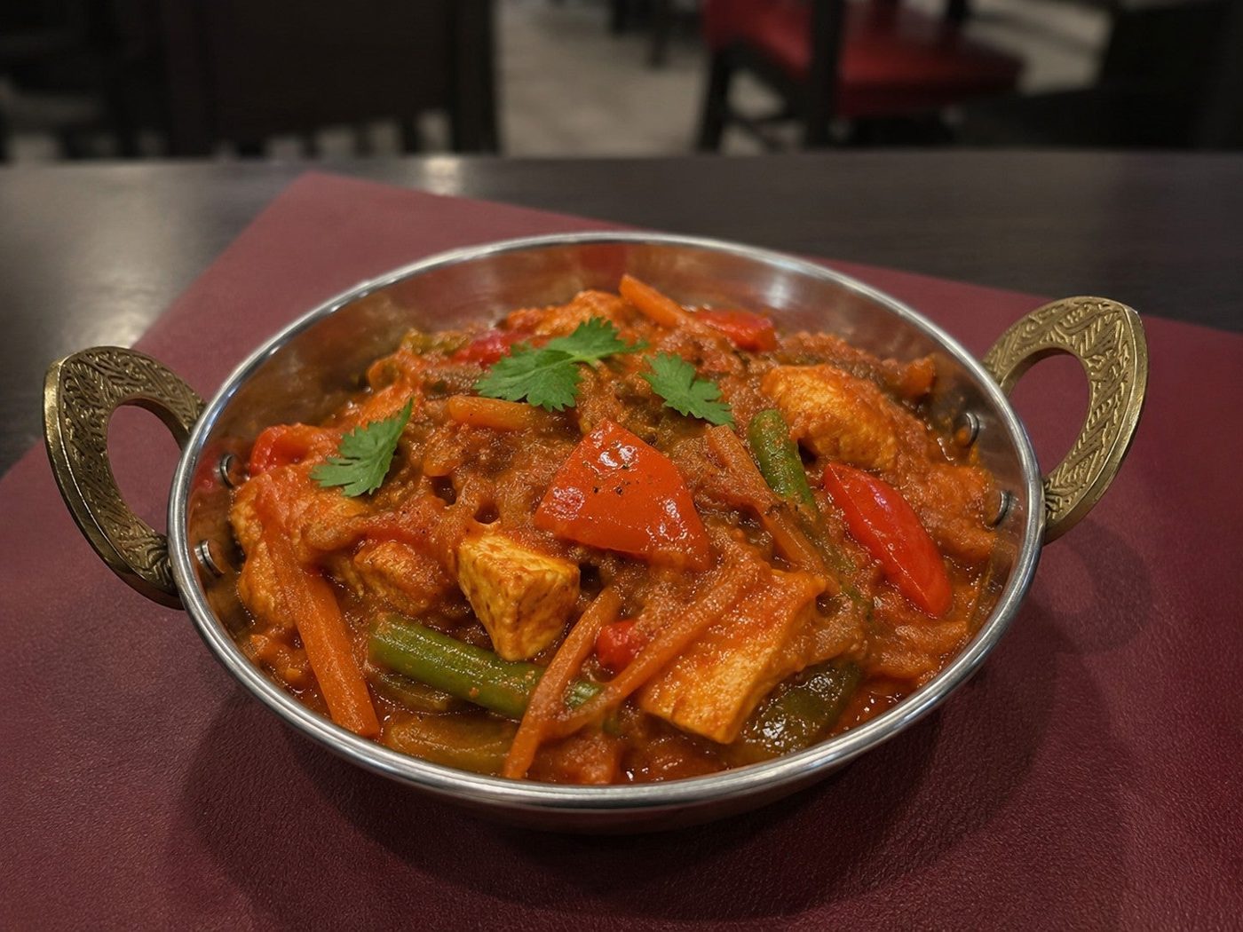 Curry di pollo con peperoni e verdure servito in kadhai